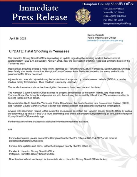 Hampton County Sheriff’s Office Provides Update on Fatal Shooting Incident in Yemassee